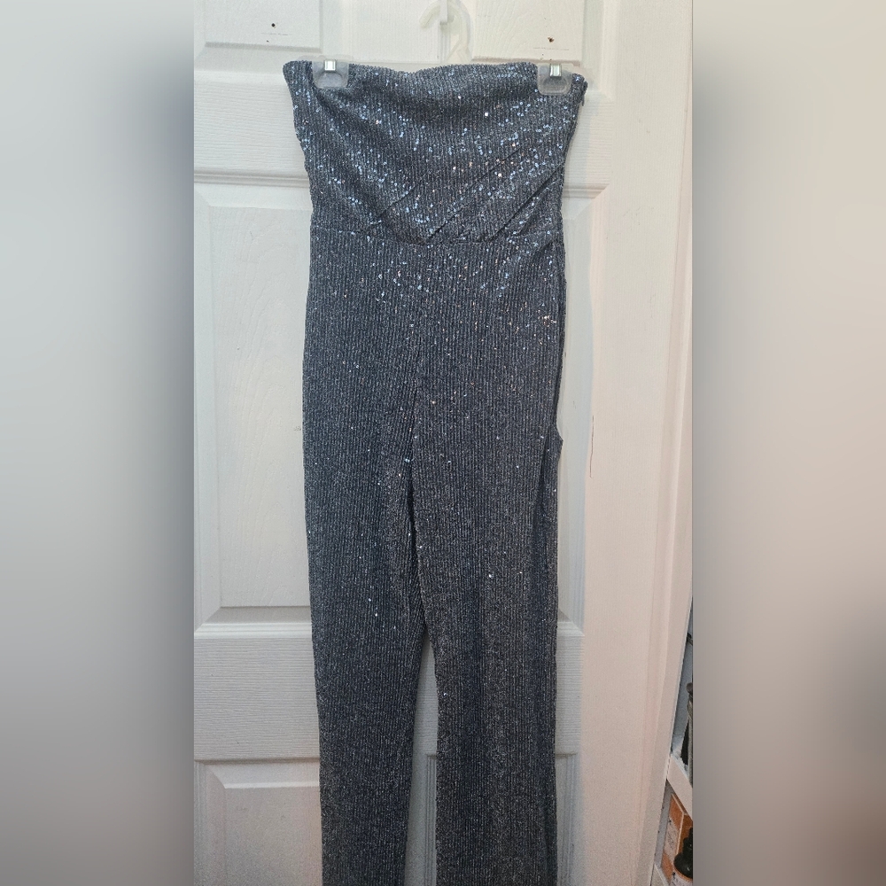wild fable Silver Sequin Strapless Jumpsuit